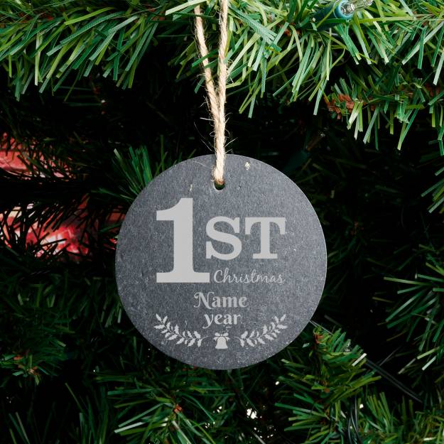 First Christmas - Personalised Round Slate Hanging Decoration