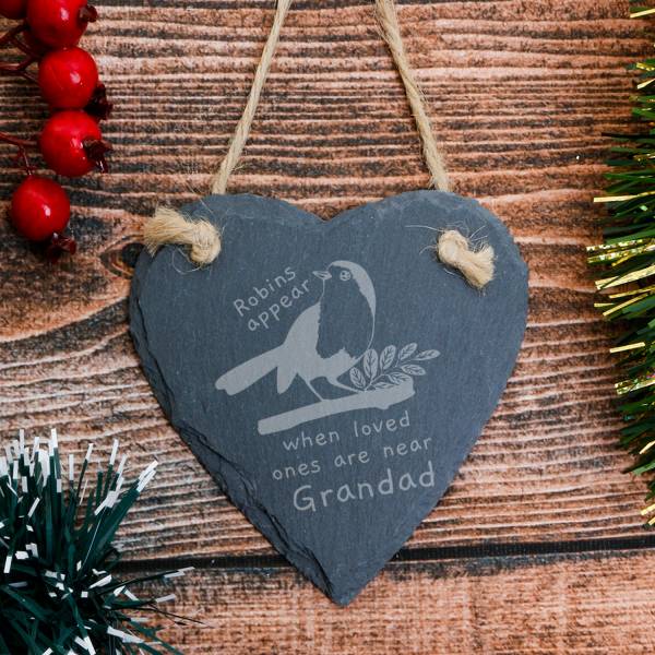 Robins Appear When Loved Ones Are Near - Personalised Heart Slate Hanging Decoration