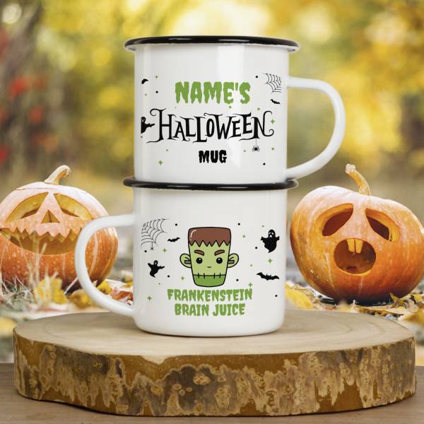 Name's Halloween Mug, Frankenstein Brain Juice - Personalised Enamel Mug