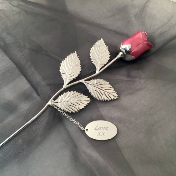 Silver Plated Rose with Engraved Tag