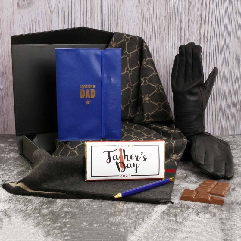 The Father's Day Luxury Grey, Green & Red Scarf, Gloves, Notebook & Pen Gift Set