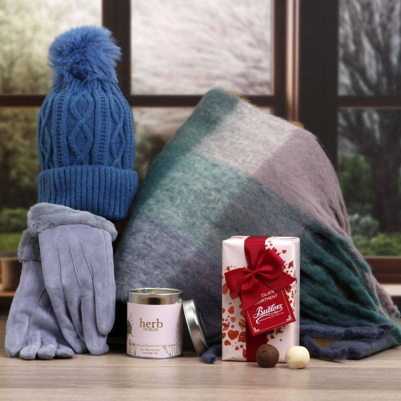 Luxury Scarf Cosy Set With Chocs & Candle - Blue, Grey & Camel