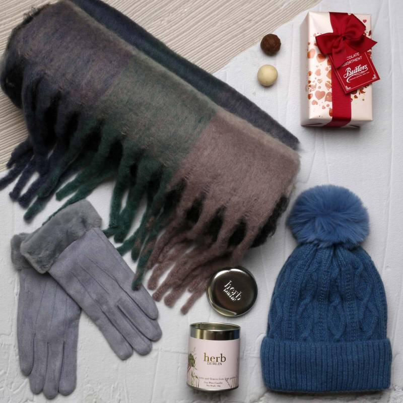Luxury Scarf Cosy Set With Chocs & Candle - Blue, Grey & Camel