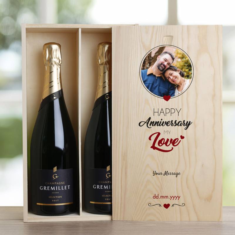Any Photo Happy Anniversary My Love - Double Wooden Champagne Box