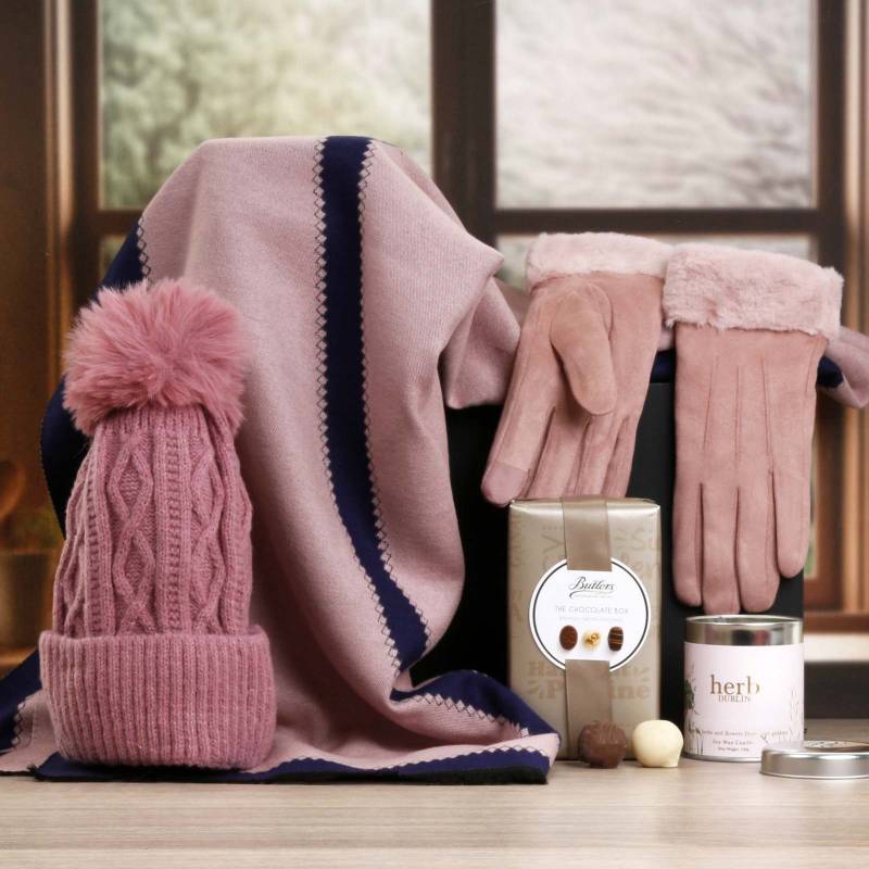 Luxury Scarf Cosy Set With Chocs & Candle - Pink & Navy