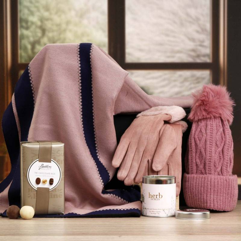 Luxury Scarf Cosy Set With Chocs & Candle - Pink & Navy