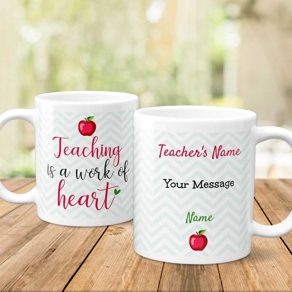 Teaching Is A Work Of Heart Pink Personalised Mug