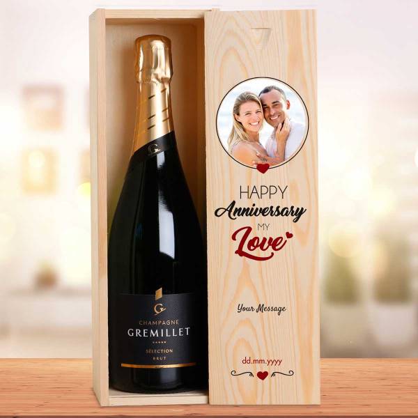 Any Photo Happy Anniversary My Love Personalised Single Wooden Champagne Box