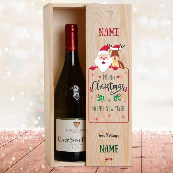 Santa And Rudolph Christmas Personalised Wooden Single Wine Box