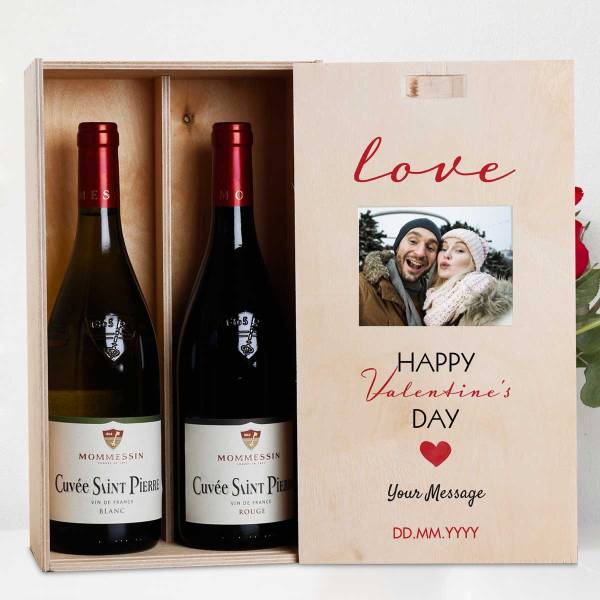 Love Happy Valentine's Day Any Photo - Personalised Wooden Double Wine Box