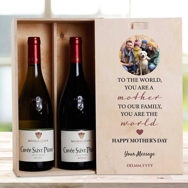 To The World, You Are A Mother, To Our Family, You Are The World - Personalised Wooden Double Wine Box