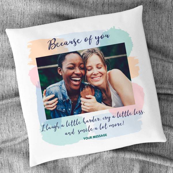 Because Of You Any Photo And Message Personalised Cushion Square