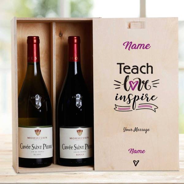 Teach Love Inspire Any Name And Message - Personalised Wooden Double Wine Box