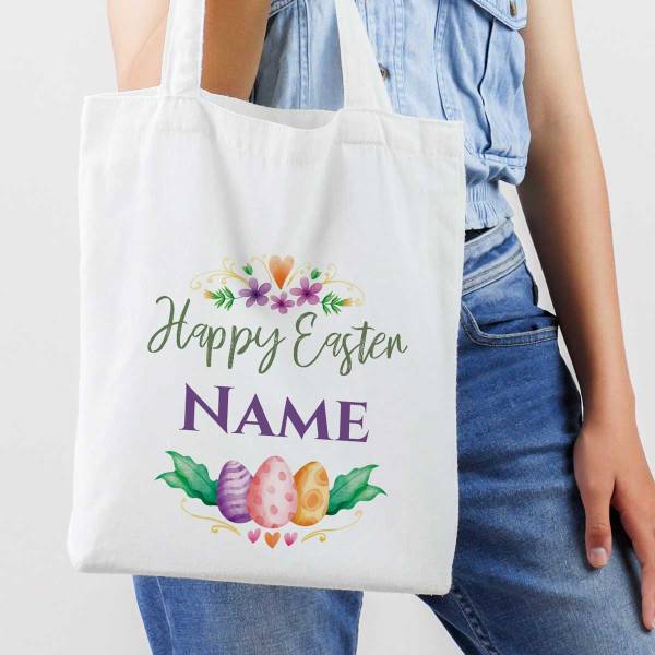 Happy Easter Any Name Eggs And Flowers Personalised Tote Bag