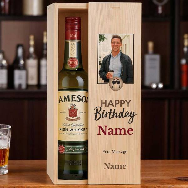 Happy Birthday Name & Photo Whiskey - Personalised Wooden Box