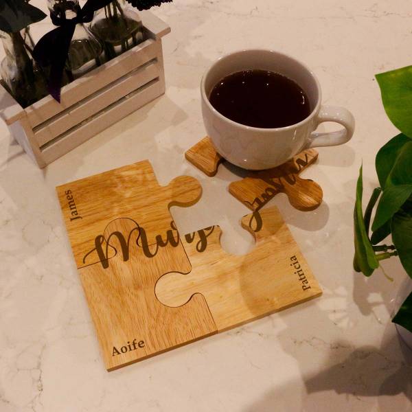 Four Names and Surname - Personalised Wooden Jigsaw Coaster Set