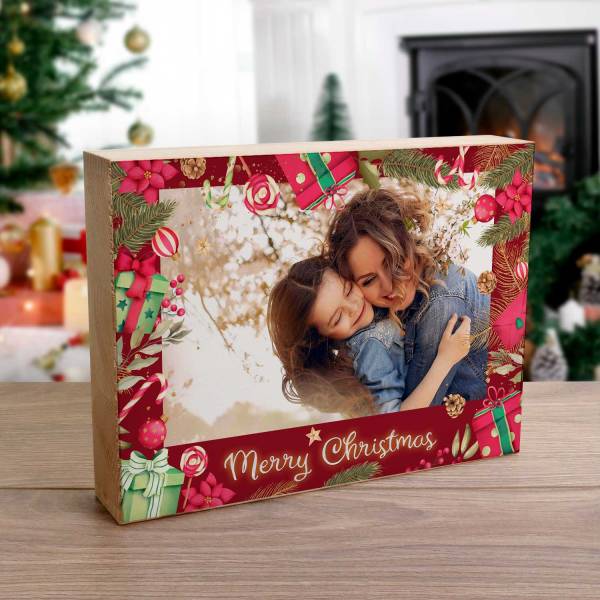 Any Photo Merry Christmas Red Design - Wooden Photo Blocks