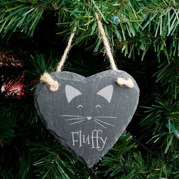 Cat's Name - Personalised Heart Slate Hanging Decoration