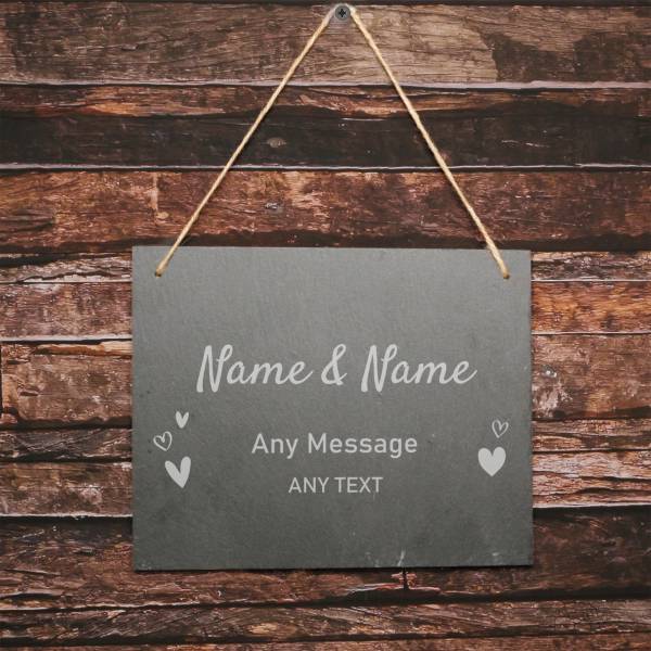 Any Text and Love Hearts - Personalised Large Hanging Slate