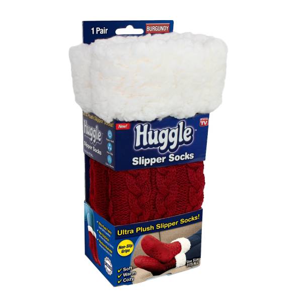 Huggle Socks, Fleece Slipper Crew Socks with Non-Slip Grips, Burgundy