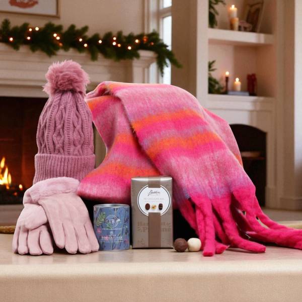 Luxury Cosy Scarf Set With Chocs & Candle - Pink, Blush & Orange