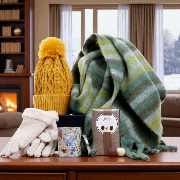 Luxury Cosy Scarf Set With Chocs & Candle - Green, Gold & Cream
