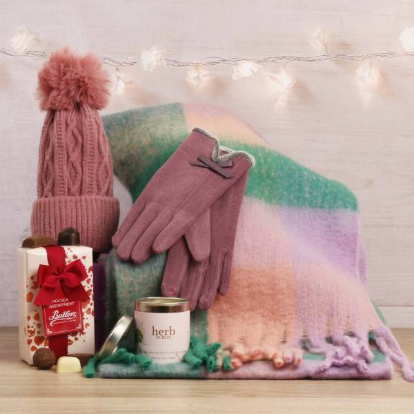 Luxury Cosy Scarf Set With Chocs & Candle - Dusty Pink, Purple & Green