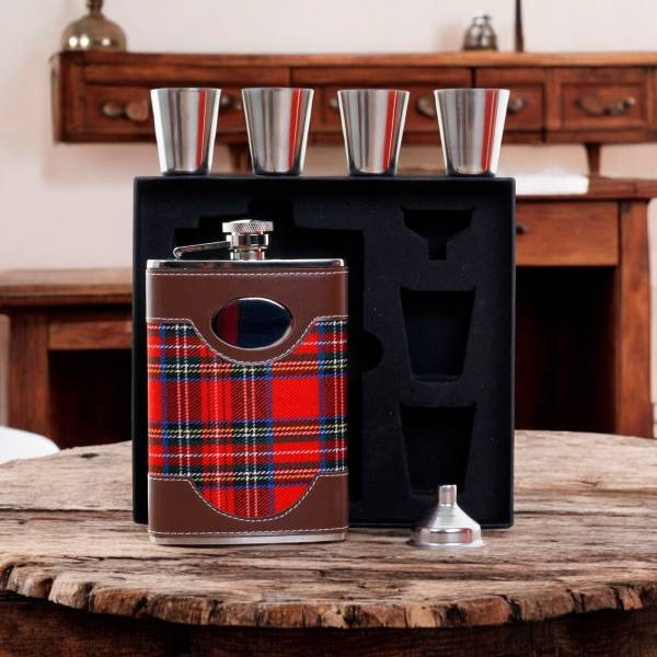 Tartan Hip Flask with Cups and Funnel