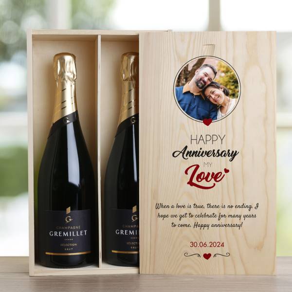 Any Photo Happy Anniversary My Love - Double Wooden Champagne Box