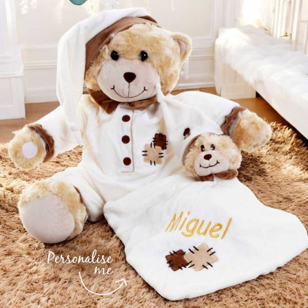 Cream Plush Patch Bedtime Bear With Comforter - Personalised