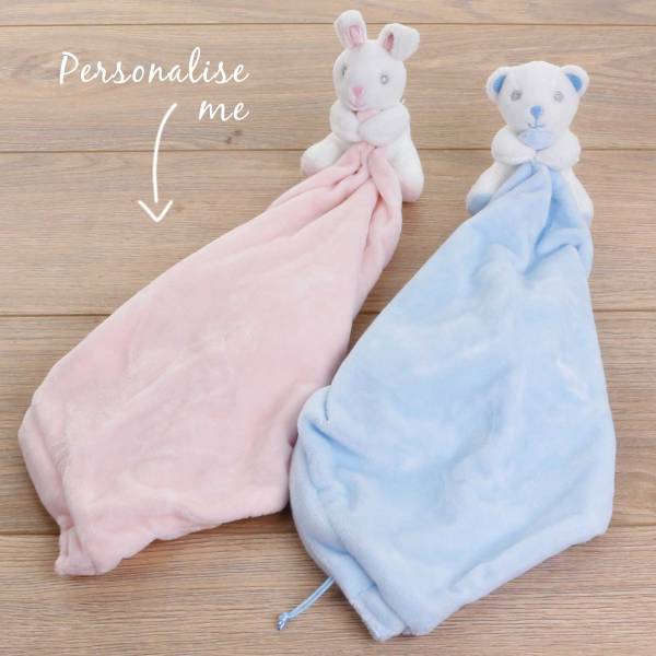 Pink or Blue Baby Comforter With Rattle - Personalised