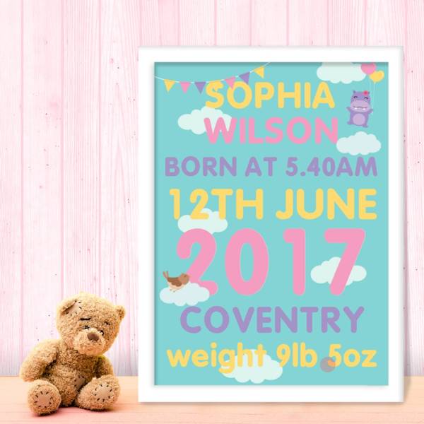 New Born Baby Girl Cute Cloud Personalised Poster