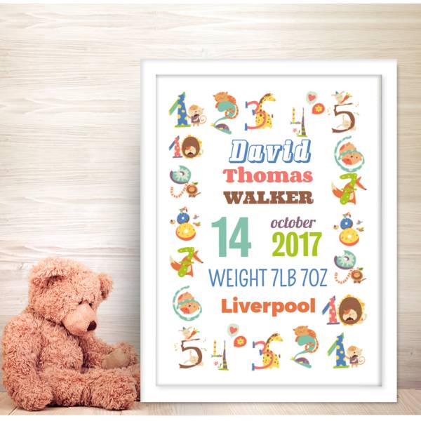 Funny Number Animals Baby Personalised Poster