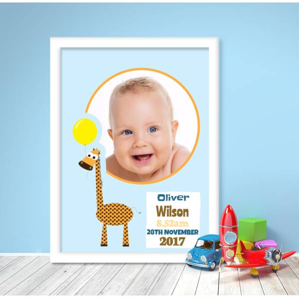 Giraffe holding a Balloon Baby Boy Personalised Poster