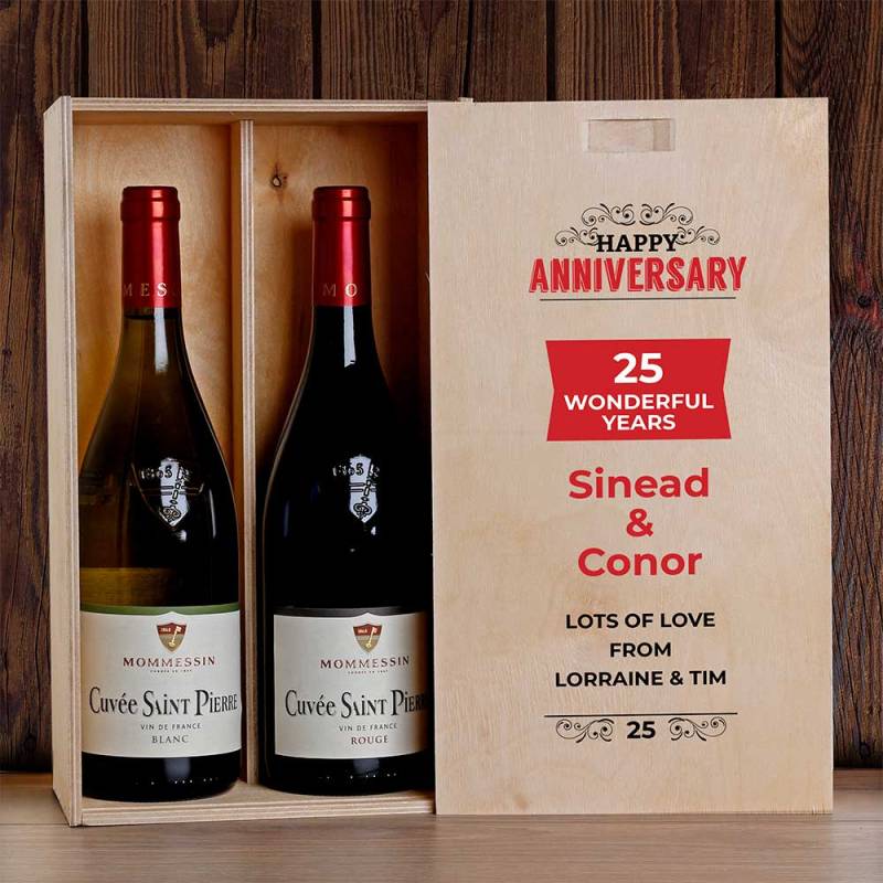 Happy Anniversary Personalised Wooden Double Wine Box (INCLUDES WINE)