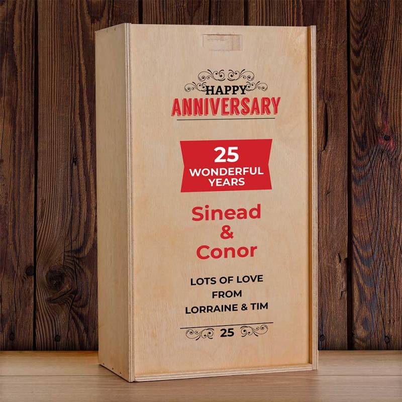 Happy Anniversary Personalised Wooden Double Wine Box (INCLUDES WINE)