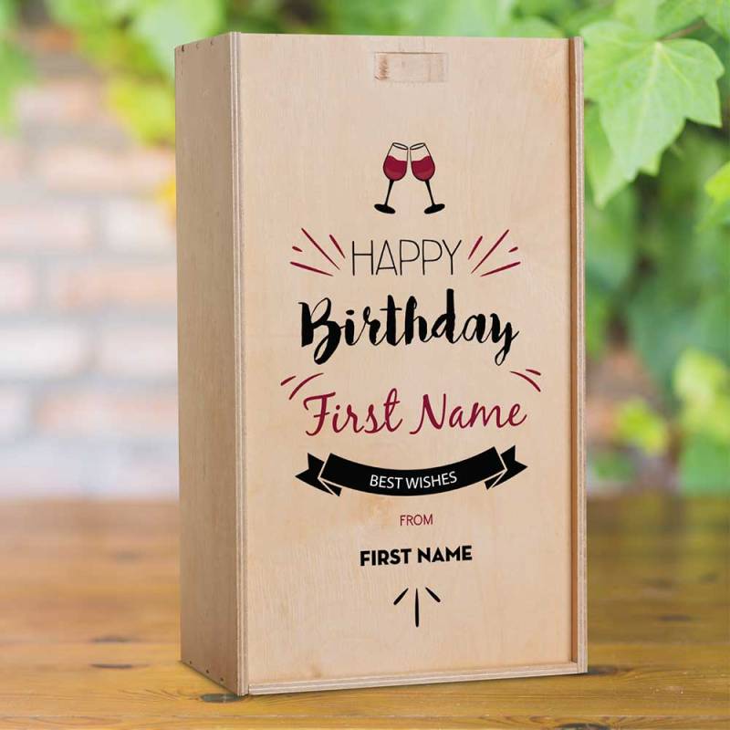 Best Wishes Birthday Personalised Wooden Double Wine Box (INCLUDES WINE)