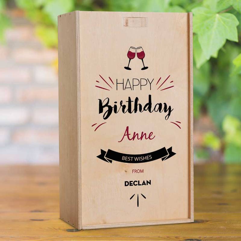 Best Wishes Birthday Personalised Wooden Double Wine Box (INCLUDES WINE)