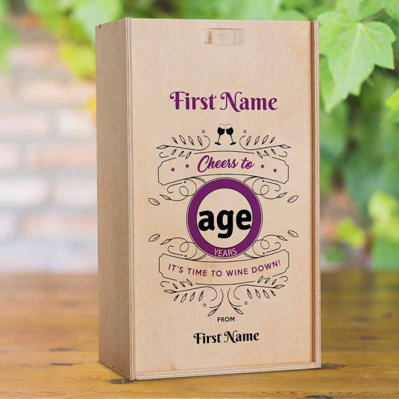 Cheers Birthday Purple Personalised Wooden Double Wine Box (INCLUDES WINE)