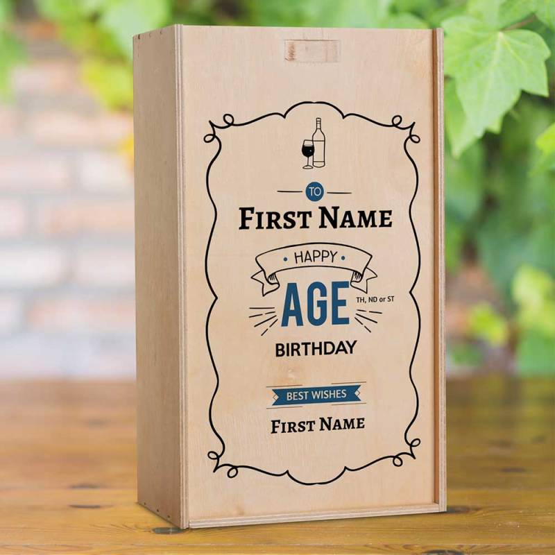 Frame Blue Design Birthday Personalised Wooden Double Wine Box (INCLUDES WINE)