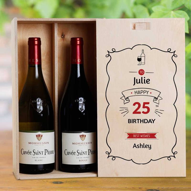 Frame Red Design Birthday Personalised Wooden Double Wine Box (INCLUDES WINE)