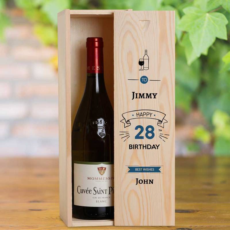 Happy Birthday Blue Design Personalised Wooden Single Wine Box (INCLUDES WINE)