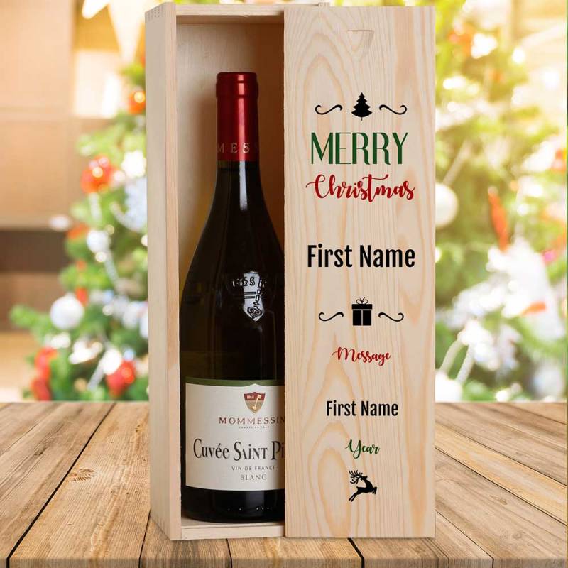 Merry Christmas Design 1 Personalised Wooden Single Wine Box (INCLUDES WINE)