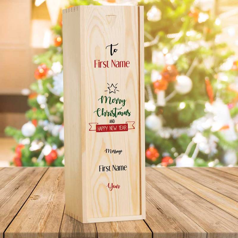 Merry Christmas Design 3 Personalised Wooden Single Wine Box (INCLUDES WINE)