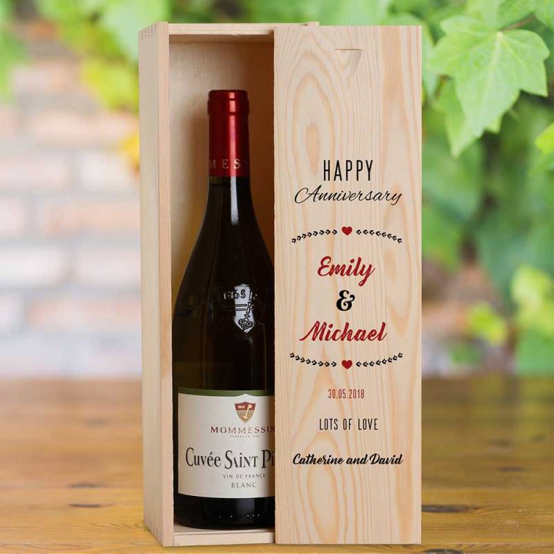 Happy Anniversary Personalised Wooden Single Wine Box (INCLUDES WINE)