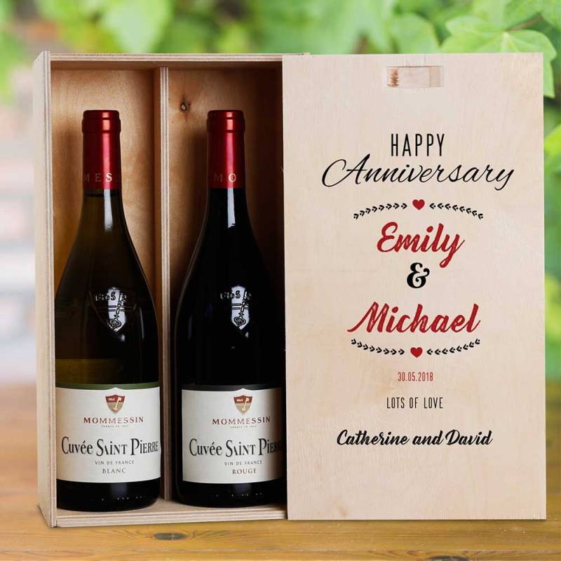 Happy Anniversary Personalised Wooden Double Wine Box (INCLUDES WINE)