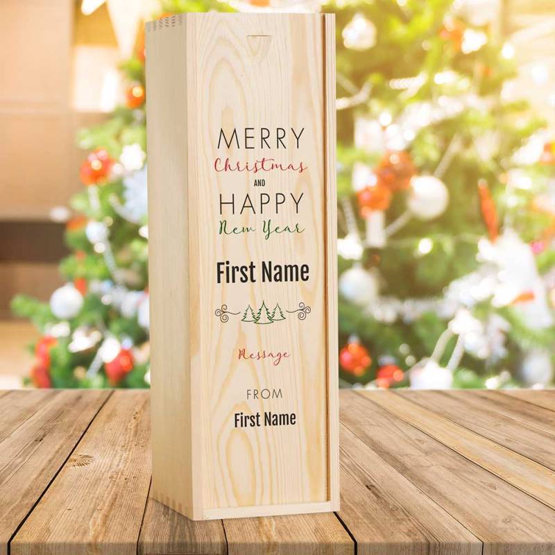 Merry Christmas Design 4 Personalised Wooden Single Wine Box (INCLUDES WINE)