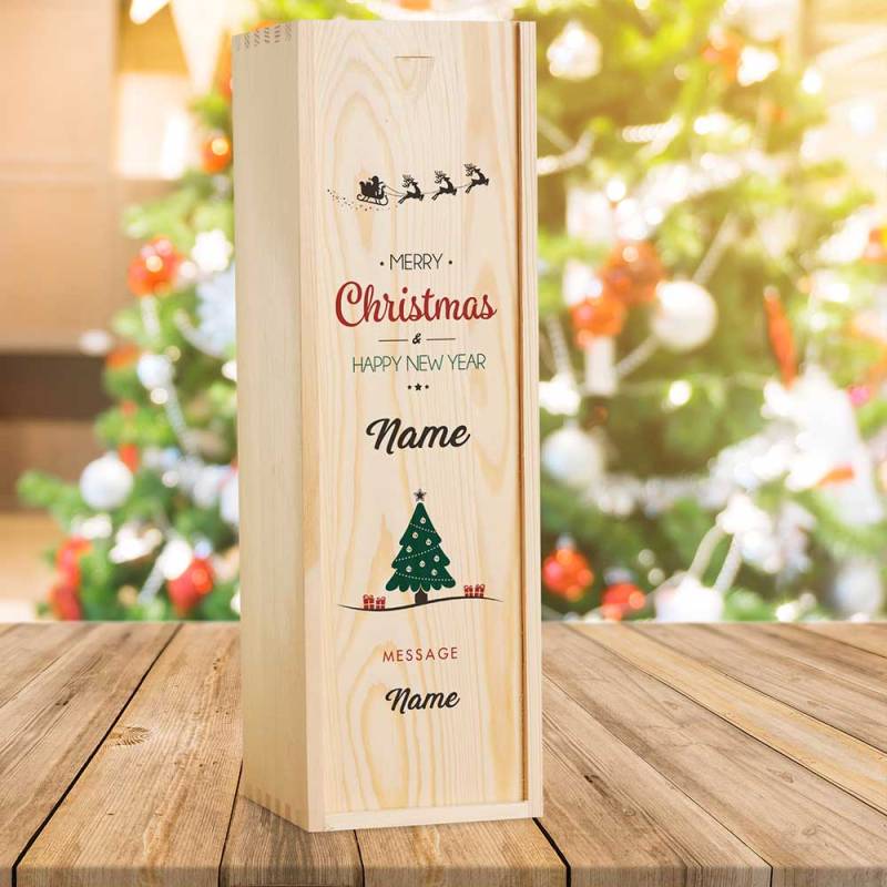 Merry Christmas Design 5 Personalised Wooden Single Wine Box (INCLUDES WINE)