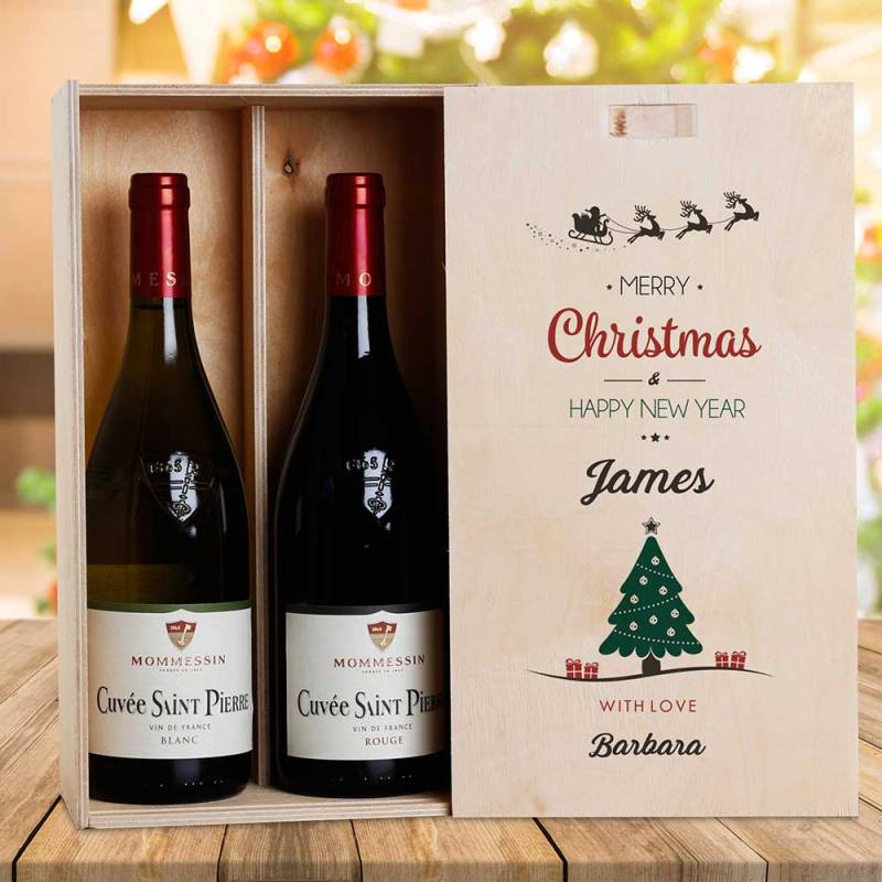 Christmas Tree Design Personalised Wooden Double Wine Box (INCLUDES WINE)