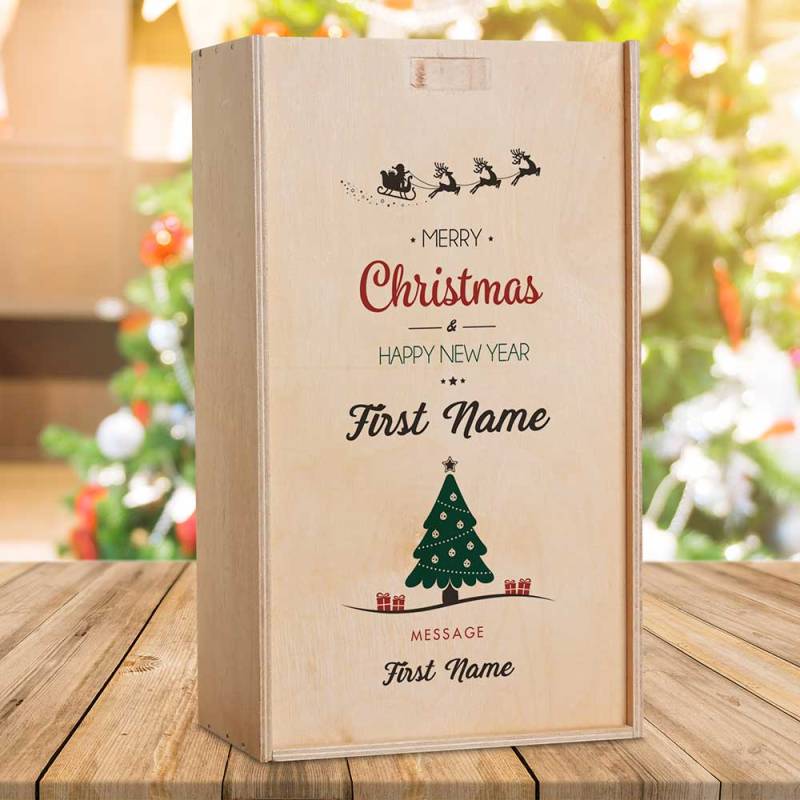 Christmas Tree Design Personalised Wooden Double Wine Box (INCLUDES WINE)